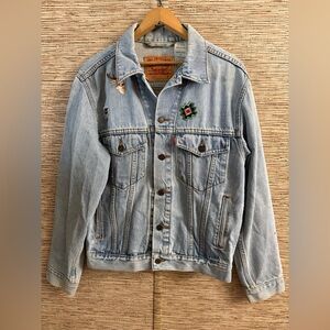 Levis Standard Denim Jean Trucker Jacket Mexican Sarape Appliqué Aztec Men Small